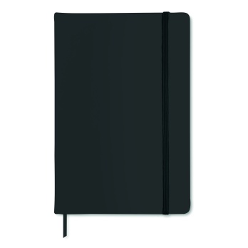 Czarny notes A5 z gumką i logo, twarda okładka PU