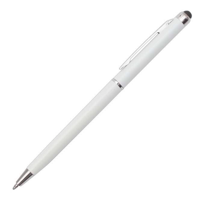 Długopis biały touch pen z metalową skuwką, obrotowy