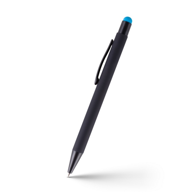 Keith – czarny długopis touch pen z niebieską gumką