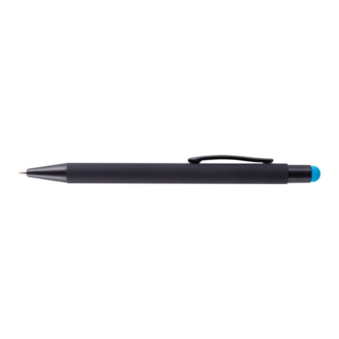 Keith – czarny długopis touch pen z niebieską gumką