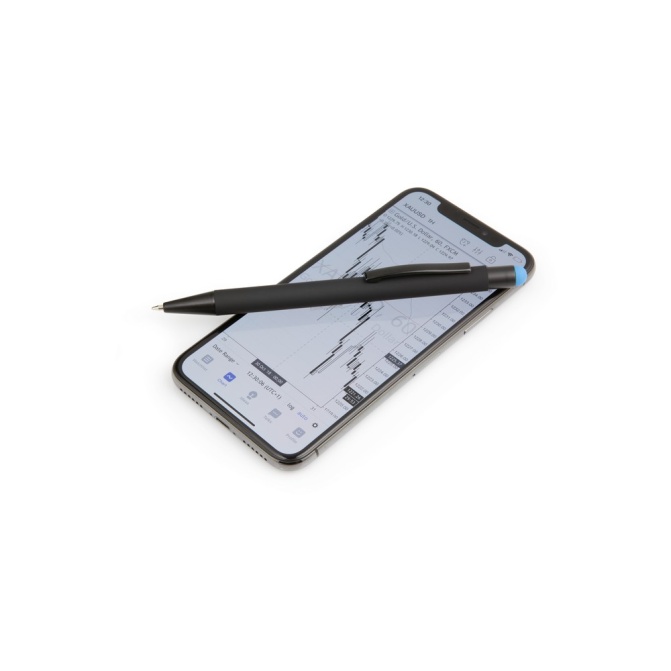 Keith – czarny długopis touch pen z niebieską gumką