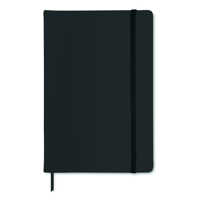 Czarny notes A5 z gumką i logo, twarda okładka PU