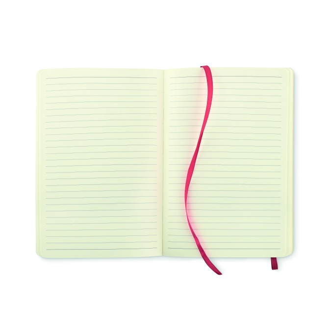 Notes A5 PU z recyklingu, różowy, gumka i kieszeń